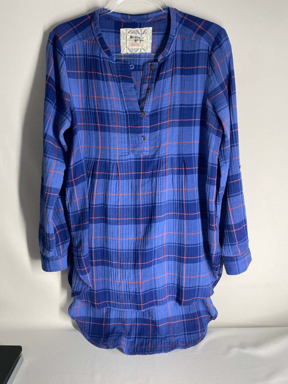 Holding Horses Half Penny Plaid Tunic Blue Lightweight High Low Flannel Small